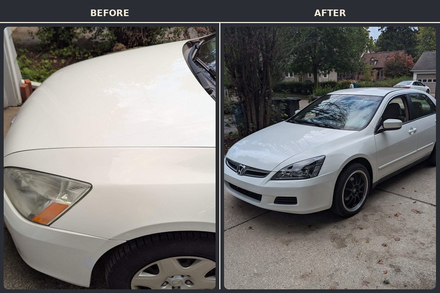 Before and after car detailing in Petoskey and Bay View, Michigan. A dirty headlight and hood on the left, the same car fully detailed on the right.
